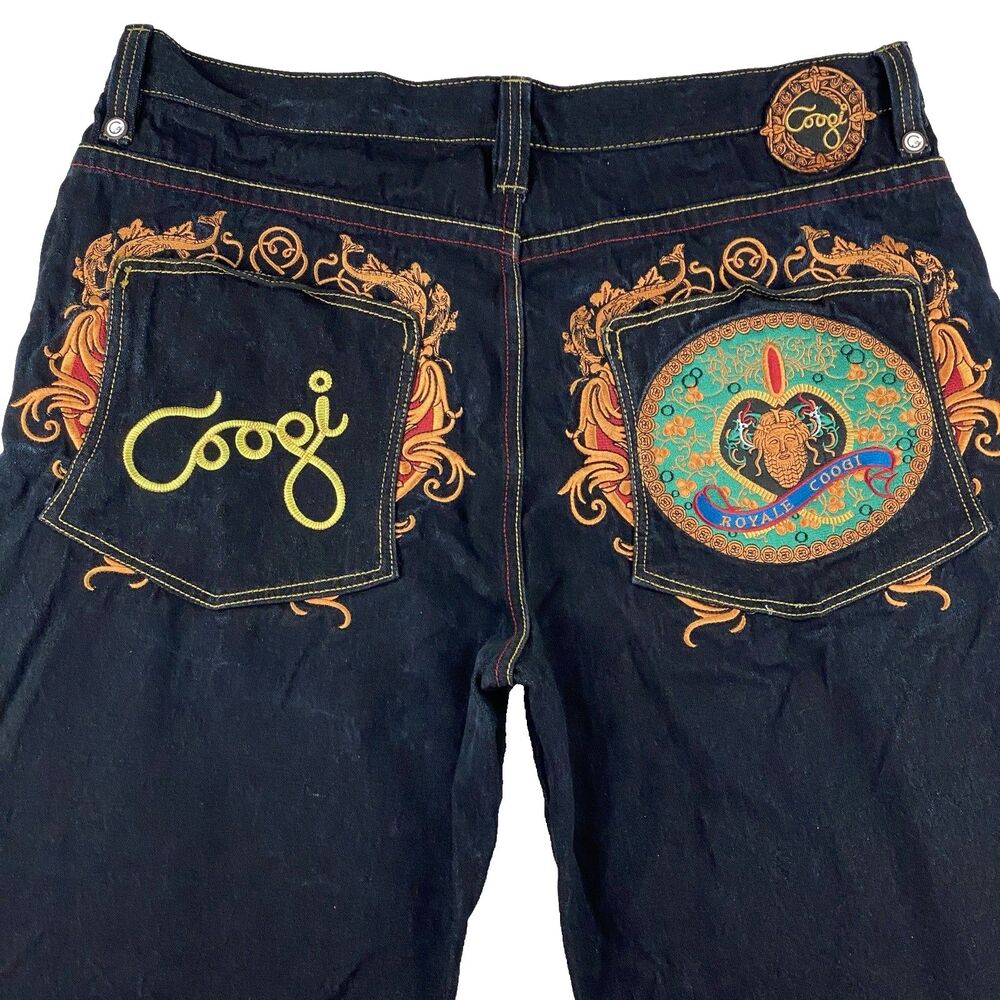 COOGI Mens Jeans 44x33 Baggy Dark Wash Embroidered Y2K Hip Hop Wide Leg Skater